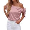 image:imageBTFBM Off The Shoulder Tops for Women Summer 2026 Short Sleeve Satin Blouse Shirts Silk Y2K Going Out Top Beach VacationPink