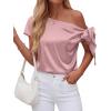 image:imageBTFBM Off The Shoulder Tops for Women Summer 2026 Short Sleeve Satin Blouse Shirts Silk Y2K Going Out Top Beach VacationPink