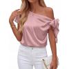 image:imageBTFBM Off The Shoulder Tops for Women Summer 2026 Short Sleeve Satin Blouse Shirts Silk Y2K Going Out Top Beach VacationPink