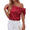 image:imageBTFBM Off The Shoulder Tops for Women Summer 2026 Short Sleeve Satin Blouse Shirts Silk Y2K Going Out Top Beach VacationRed