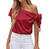 image:imageBTFBM Off The Shoulder Tops for Women Summer 2026 Short Sleeve Satin Blouse Shirts Silk Y2K Going Out Top Beach VacationRed