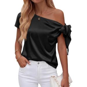 image:imageBTFBM Off The Shoulder Tops for Women Summer 2026 Short Sleeve Satin Blouse Shirts Silk Y2K Going Out Top Beach VacationBlack