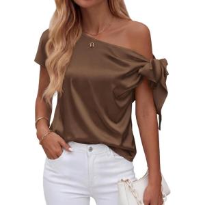 image:imageBTFBM Off The Shoulder Tops for Women Summer 2026 Short Sleeve Satin Blouse Shirts Silk Y2K Going Out Top Beach VacationBrown