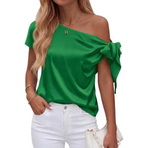 image:imageBTFBM Off The Shoulder Tops for Women Summer 2026 Short Sleeve Satin Blouse Shirts Silk Y2K Going Out Top Beach VacationGreen