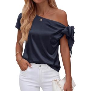 image:imageBTFBM Off The Shoulder Tops for Women Summer 2026 Short Sleeve Satin Blouse Shirts Silk Y2K Going Out Top Beach VacationNavy Blue