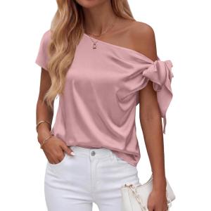 image:imageBTFBM Off The Shoulder Tops for Women Summer 2026 Short Sleeve Satin Blouse Shirts Silk Y2K Going Out Top Beach VacationPink