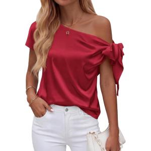 image:imageBTFBM Off The Shoulder Tops for Women Summer 2026 Short Sleeve Satin Blouse Shirts Silk Y2K Going Out Top Beach VacationRed