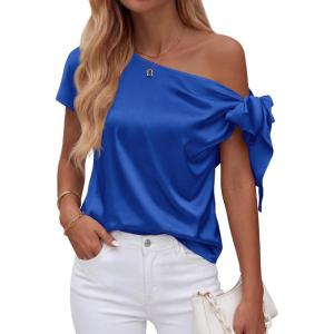 image:imageBTFBM Off The Shoulder Tops for Women Summer 2026 Short Sleeve Satin Blouse Shirts Silk Y2K Going Out Top Beach VacationRoyal Blue