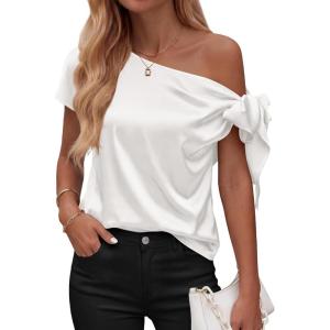 image:imageBTFBM Off The Shoulder Tops for Women Summer 2026 Short Sleeve Satin Blouse Shirts Silk Y2K Going Out Top Beach VacationWhite