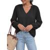 image:imageBTFBM Blouses for Women Dressy Casual Floral Summer Boho Tops V Neck Lightweight Long Sleeve Shirts Spring Clothes 2026Solid Black