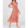 image:imageBTFBM Women Summer Bohemian Floral Casual Wrap V Neck Ruffle Cap Sleeveless Belt ALine Pleated Hem Midi Sun Dress WhiteFloral Orange Pink Red