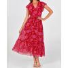 image:imageBTFBM Women Summer Bohemian Floral Casual Wrap V Neck Ruffle Cap Sleeveless Belt ALine Pleated Hem Midi Sun Dress WhiteRed Big Floral