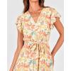 image:imageBTFBM Women Summer Bohemian Floral Casual Wrap V Neck Ruffle Cap Sleeveless Belt ALine Pleated Hem Midi Sun Dress WhiteWhite Big Flower