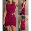 image:imageBTFBM Women Summer Dresses 2026 Sleeveless Tank Ruched Bodycon Sundresses for Women Party Beach Mini Casual Spring DressWine Red
