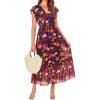 image:imageBTFBM Women Summer Bohemian Floral Casual Wrap V Neck Ruffle Cap Sleeveless Belt ALine Pleated Hem Midi Sun Dress WhiteBlue Orange Flower