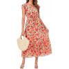 image:imageBTFBM Women Summer Bohemian Floral Casual Wrap V Neck Ruffle Cap Sleeveless Belt ALine Pleated Hem Midi Sun Dress WhiteFloral Orange Pink Red