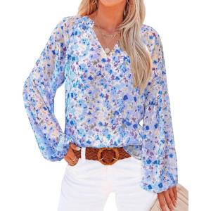 image:imageBTFBM Blouses for Women Dressy Casual Floral Summer Boho Tops V Neck Lightweight Long Sleeve Shirts Spring Clothes 2026Floral Dark Blue