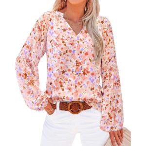 image:imageBTFBM Blouses for Women Dressy Casual Floral Summer Boho Tops V Neck Lightweight Long Sleeve Shirts Spring Clothes 2026Floral Orange