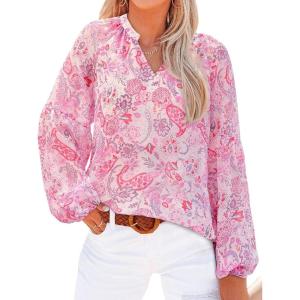 image:imageBTFBM Blouses for Women Dressy Casual Floral Summer Boho Tops V Neck Lightweight Long Sleeve Shirts Spring Clothes 2026Floral Print Pink