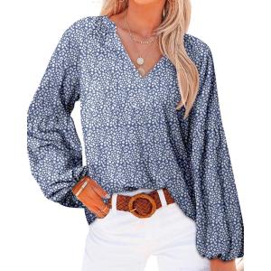 image:imageBTFBM Blouses for Women Dressy Casual Floral Summer Boho Tops V Neck Lightweight Long Sleeve Shirts Spring Clothes 2026Leopard Dark Blue