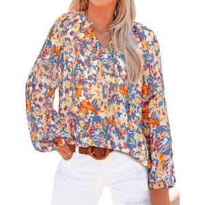 image:imageBTFBM Blouses for Women Dressy Casual Floral Summer Boho Tops V Neck Lightweight Long Sleeve Shirts Spring Clothes 2026Multicolor Dark Blue