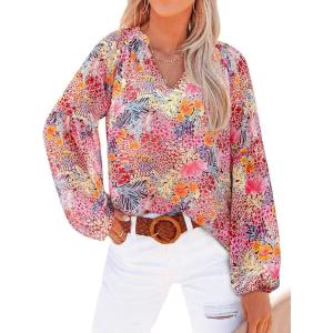 image:imageBTFBM Blouses for Women Dressy Casual Floral Summer Boho Tops V Neck Lightweight Long Sleeve Shirts Spring Clothes 2026Multicolor Red