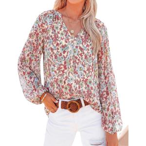 image:imageBTFBM Blouses for Women Dressy Casual Floral Summer Boho Tops V Neck Lightweight Long Sleeve Shirts Spring Clothes 2026Pink Blue Flower White