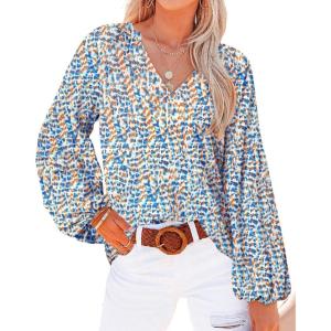 image:imageBTFBM Blouses for Women Dressy Casual Floral Summer Boho Tops V Neck Lightweight Long Sleeve Shirts Spring Clothes 2026Print Blue White