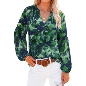 image:imageBTFBM Blouses for Women Dressy Casual Floral Summer Boho Tops V Neck Lightweight Long Sleeve Shirts Spring Clothes 2026Print Green