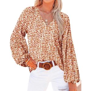 image:imageBTFBM Blouses for Women Dressy Casual Floral Summer Boho Tops V Neck Lightweight Long Sleeve Shirts Spring Clothes 2026Print Orange