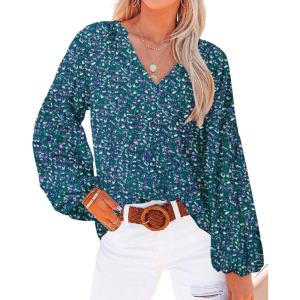 image:imageBTFBM Blouses for Women Dressy Casual Floral Summer Boho Tops V Neck Lightweight Long Sleeve Shirts Spring Clothes 2026Print Purple Green