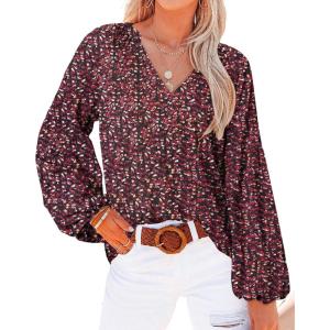 image:imageBTFBM Blouses for Women Dressy Casual Floral Summer Boho Tops V Neck Lightweight Long Sleeve Shirts Spring Clothes 2026Print Red Black