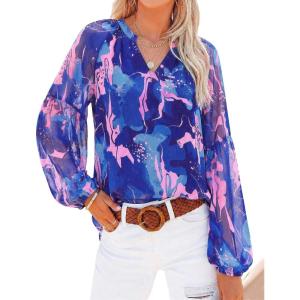 image:imageBTFBM Blouses for Women Dressy Casual Floral Summer Boho Tops V Neck Lightweight Long Sleeve Shirts Spring Clothes 2026Print Royal Blue
