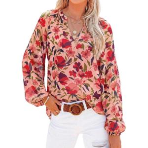 image:imageBTFBM Blouses for Women Dressy Casual Floral Summer Boho Tops V Neck Lightweight Long Sleeve Shirts Spring Clothes 2026Red Flower Orange