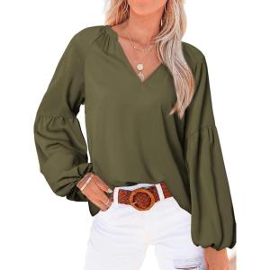 image:imageBTFBM Blouses for Women Dressy Casual Floral Summer Boho Tops V Neck Lightweight Long Sleeve Shirts Spring Clothes 2026Solid Army Green