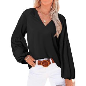 image:imageBTFBM Blouses for Women Dressy Casual Floral Summer Boho Tops V Neck Lightweight Long Sleeve Shirts Spring Clothes 2026Solid Black