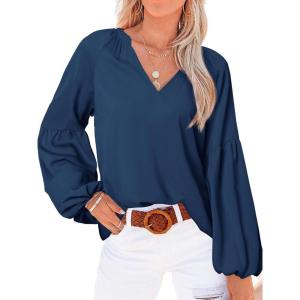 image:imageBTFBM Blouses for Women Dressy Casual Floral Summer Boho Tops V Neck Lightweight Long Sleeve Shirts Spring Clothes 2026Solid Blue