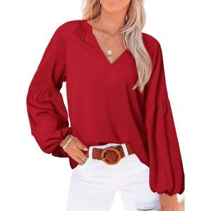 image:imageBTFBM Blouses for Women Dressy Casual Floral Summer Boho Tops V Neck Lightweight Long Sleeve Shirts Spring Clothes 2026Solid Red