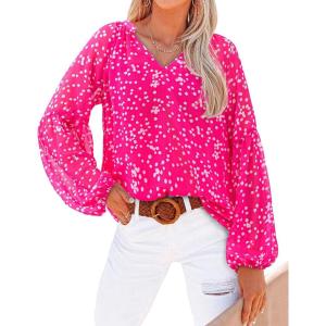 image:imageBTFBM Blouses for Women Dressy Casual Floral Summer Boho Tops V Neck Lightweight Long Sleeve Shirts Spring Clothes 2026White Flower Rose Red