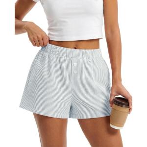 image:imageBTFBM Striped Boxer Shorts for Women 2026 Spring Summer Y2k Vacation Beach Bottoms Lounge Sleep Pajama PJ Pants ClothesGrey Blue