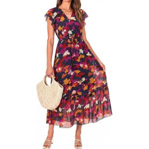image:imageBTFBM Women Summer Bohemian Floral Casual Wrap V Neck Ruffle Cap Sleeveless Belt ALine Pleated Hem Midi Sun Dress WhiteBlue Orange Flower