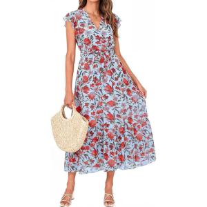 image:imageBTFBM Women Summer Bohemian Floral Casual Wrap V Neck Ruffle Cap Sleeveless Belt ALine Pleated Hem Midi Sun Dress WhiteBlue Red Flower