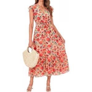 image:imageBTFBM Women Summer Bohemian Floral Casual Wrap V Neck Ruffle Cap Sleeveless Belt ALine Pleated Hem Midi Sun Dress WhiteFloral Orange Pink Red