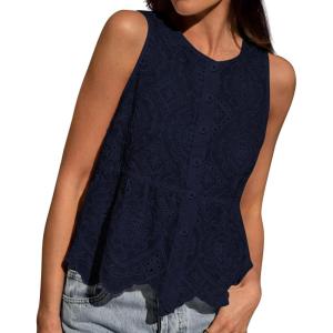image:imageBTFBM Womens Tank Tops 2026 Summer Casual Sleeveless Button Down Shirts Embroidered Eyelet Blouse Beach Vacation ClothesNavy