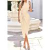 image:imageBTFBM Dresses for Women 2026 Summer Clothes Formal Bodycon Mock Neck Cap Sleeve Midi Party Cocktail Wedding Guest DressBeige