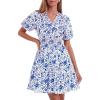 image:imageBTFBM Summer Mini Dresses for Women 2026 Ruffle Short Sleeve Elastic Waist Floral Beach Vacation Wedding Guest DressWhite Blue Flower
