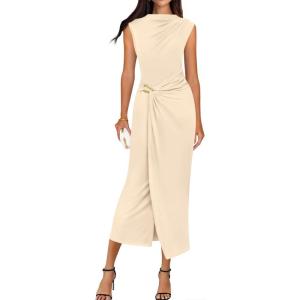 image:imageBTFBM Dresses for Women 2026 Summer Clothes Formal Bodycon Mock Neck Cap Sleeve Midi Party Cocktail Wedding Guest DressBeige