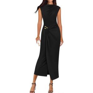 image:imageBTFBM Dresses for Women 2026 Summer Clothes Formal Bodycon Mock Neck Cap Sleeve Midi Party Cocktail Wedding Guest DressBlack