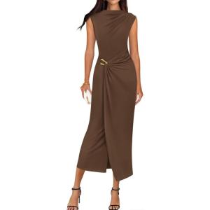 image:imageBTFBM Dresses for Women 2026 Summer Clothes Formal Bodycon Mock Neck Cap Sleeve Midi Party Cocktail Wedding Guest DressBrown