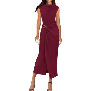 image:imageBTFBM Dresses for Women 2026 Summer Clothes Formal Bodycon Mock Neck Cap Sleeve Midi Party Cocktail Wedding Guest DressBurgundy